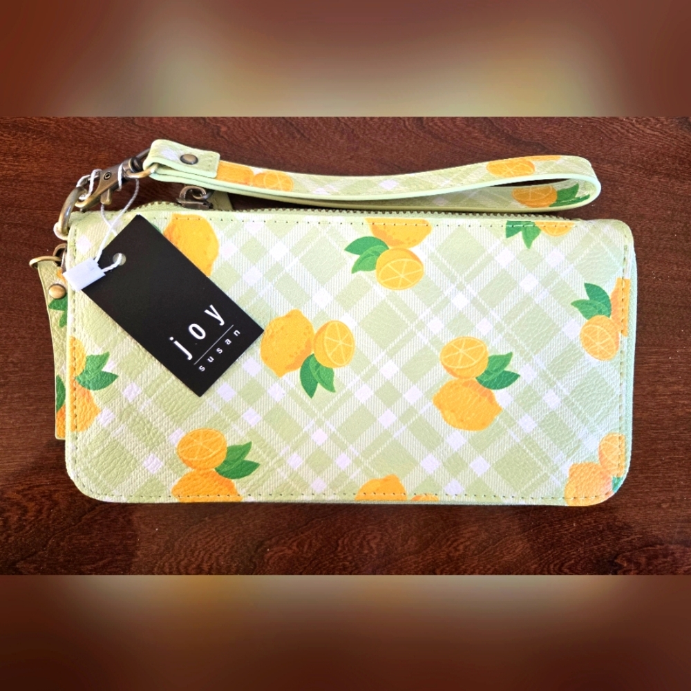 Joy Susan Chloe Zip Around Wristlet and Wallet - Lemons on Lime Plaid NWT